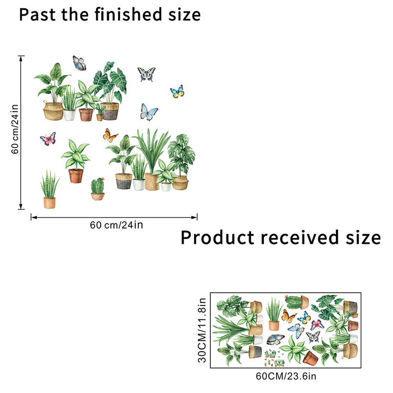 Nauji žali augalai iš gamintojo, pakabinami krepšeliai vazonuose, drugeliai, lipnūs vandeniui atsparūs sienų lipdukai, svetainė, miegamasis, dekoratyviniai sienų lipdukai