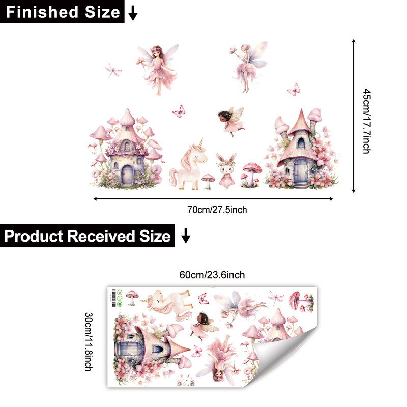 Nauji rožinės pilies lipdukai, vaikų kambarys, mergaitės sienų dekoracija, lipnūs tapetai, elfo paveikslas, sienų lipdukai