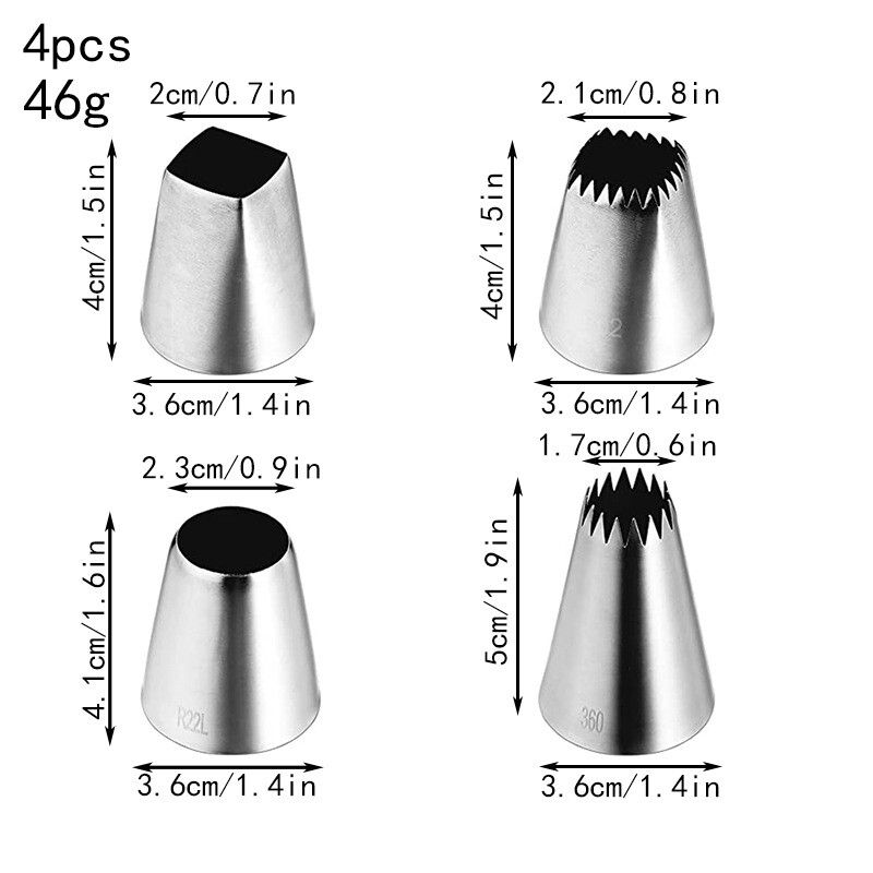 4 apvalių didelių 304 nerūdijančio plieno dekoravimo antgalių rinkinys sausainiams, sluoksniuotai tešlai, lydytam sviestui ir plaktai grietinėlei
