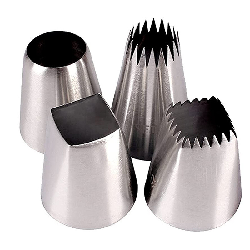 4 apvalių didelių 304 nerūdijančio plieno dekoravimo antgalių rinkinys sausainiams, sluoksniuotai tešlai, lydytam sviestui ir plaktai grietinėlei