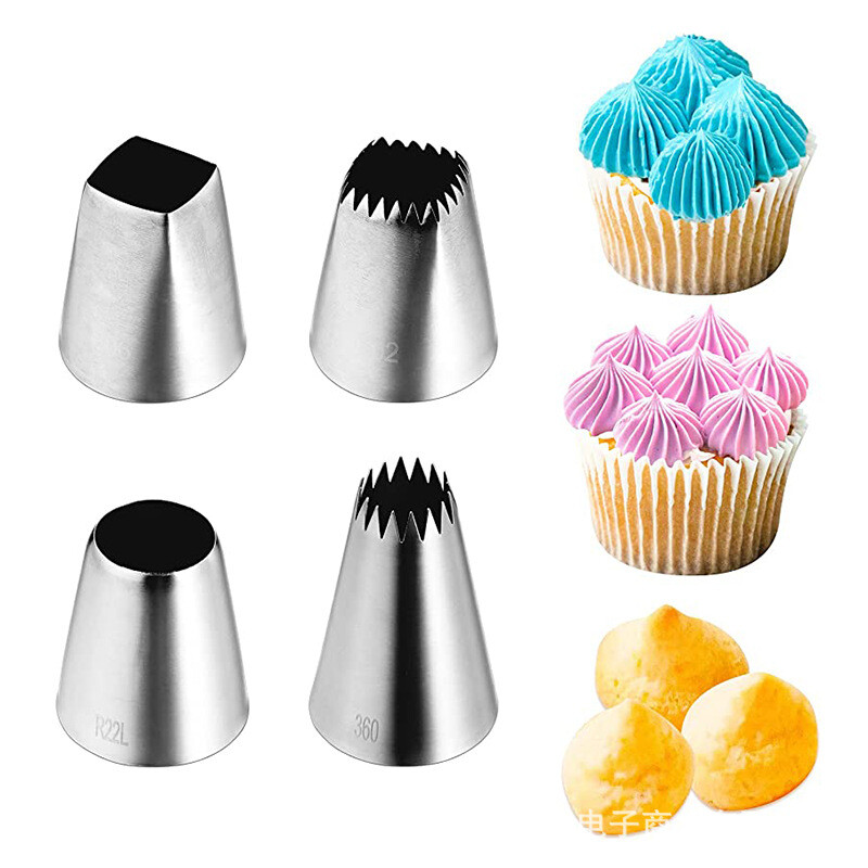 4 apvalių didelių 304 nerūdijančio plieno dekoravimo antgalių rinkinys sausainiams, sluoksniuotai tešlai, lydytam sviestui ir plaktai grietinėlei