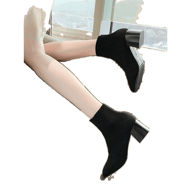 Λευκές πλεκτές στενές μπότες για γυναίκες 2025 νέες ψηλοτάκουνες μπότες, κοντές μπότες, μοντέρνες μπότες Martin με χοντρά τακούνια, πλεκτές ελαστικές κάλτσες