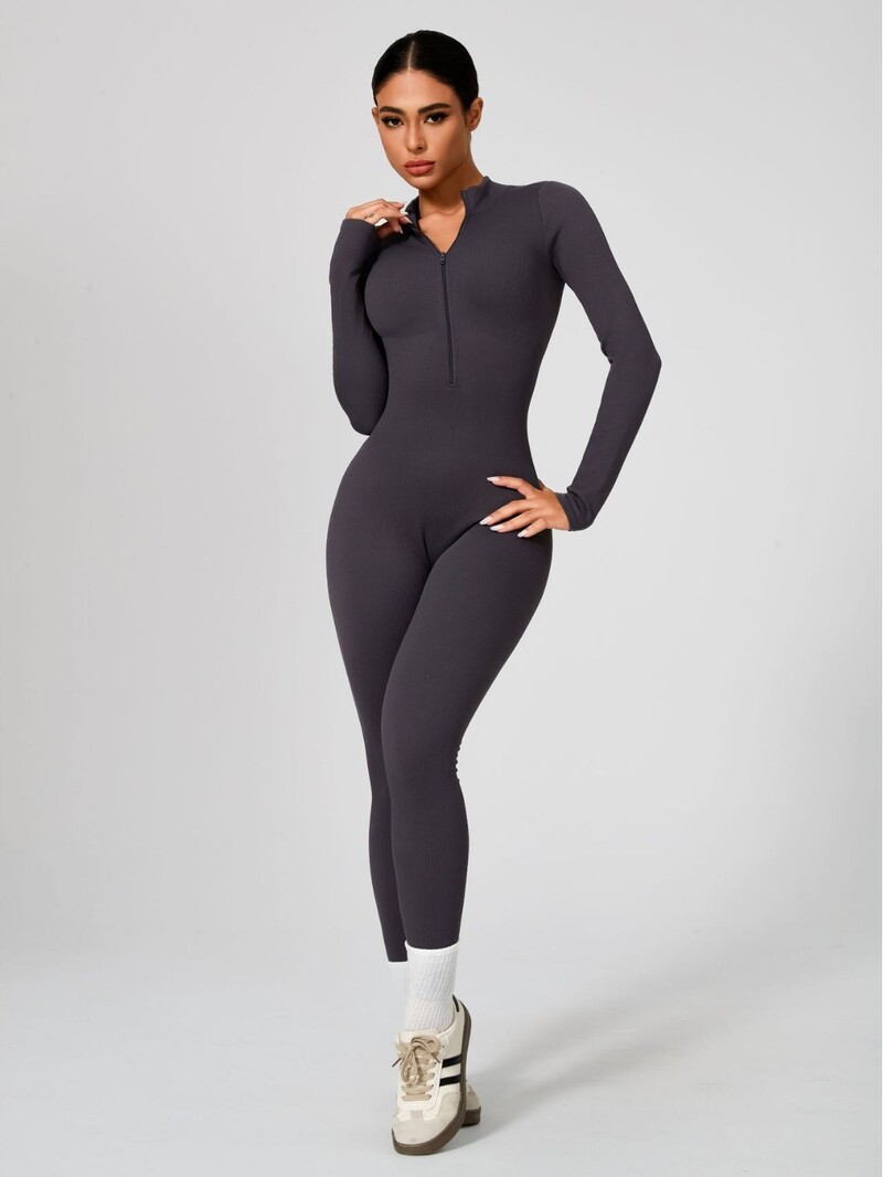 Γυναικεία ολόσωμη φόρμα γιόγκα με ψηλό γιακά και φερμουάρ, γκρι, χωρίς ραφές, ριμπ, ελαστική, πλεκτή, εσώρουχο που εφαρμόζει άψογα για αθλητισμό και αναψυχή.