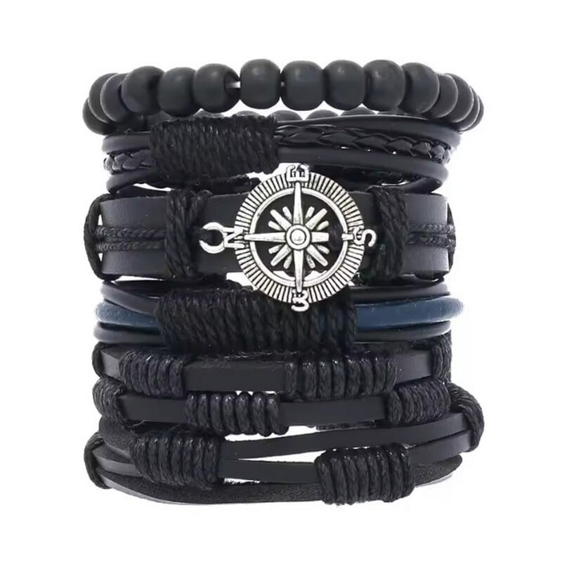 Odinė apyrankė su karoliukais, kniedėmis, aštuoniukės formos žvaigžde, inkaru, retro stiliaus odinė pinta kombinuota apyrankė, daugiasluoksnė apyrankė