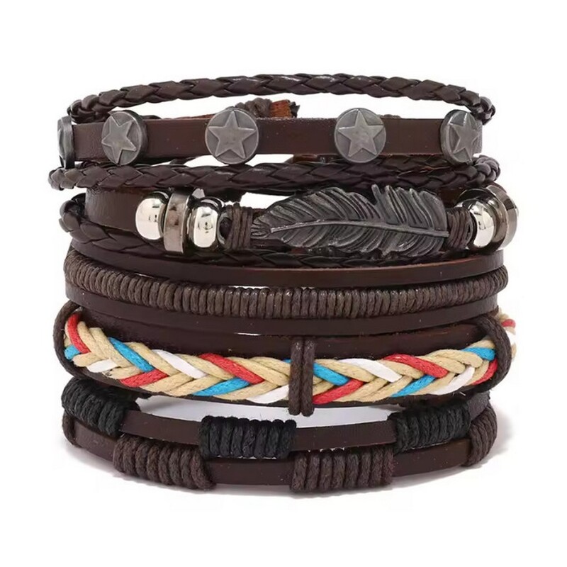 Odinė apyrankė su karoliukais, kniedėmis, aštuoniukės formos žvaigžde, inkaru, retro stiliaus odinė pinta kombinuota apyrankė, daugiasluoksnė apyrankė