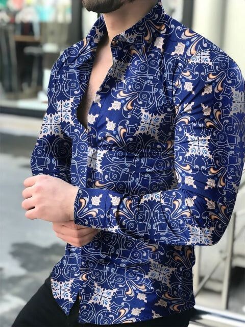 Европейски и американски трансграничен 3D печат мъжка мода геометричен печат модна риза с дълъг ръкав тънка мъжка риза