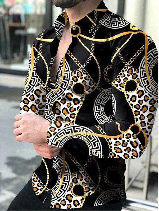 Европейски и американски трансграничен 3D печат мъжка мода геометричен печат модна риза с дълъг ръкав тънка мъжка риза