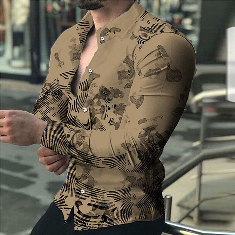 Европейски и американски трансграничен 3D печат мъжка мода геометричен печат модна риза с дълъг ръкав тънка мъжка риза