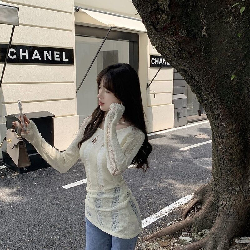 Κορεάτικη εκδοχή του κούφιου μακρυμάνικου γιλέκου Pure Desire, πλεκτό λεπτό, καυτό κοριτσίστικο τοπ, άνοιξη 2023, νέο