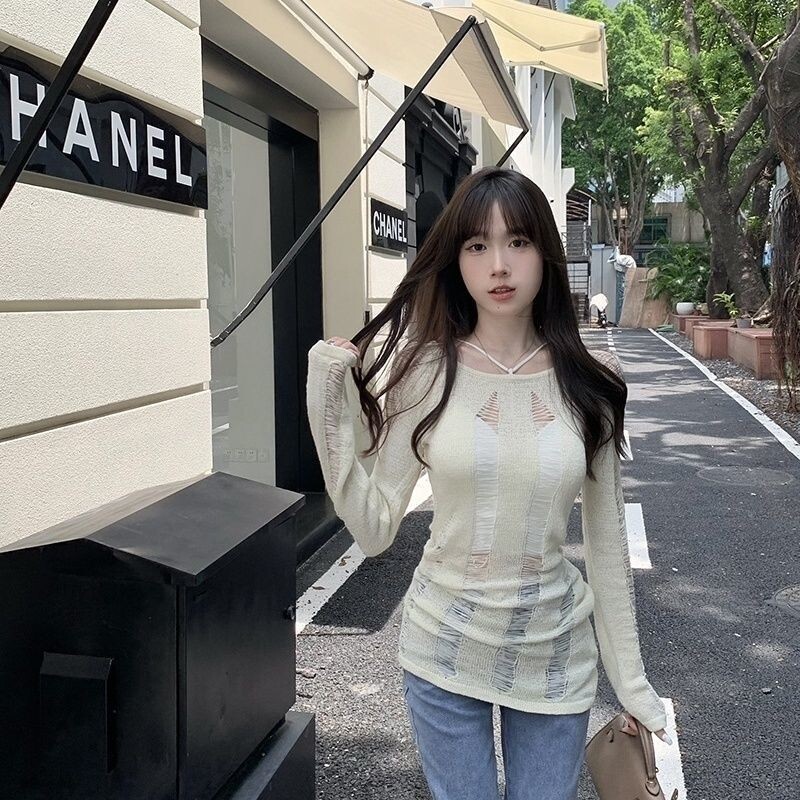 Κορεάτικη εκδοχή του κούφιου μακρυμάνικου γιλέκου Pure Desire, πλεκτό λεπτό, καυτό κοριτσίστικο τοπ, άνοιξη 2023, νέο