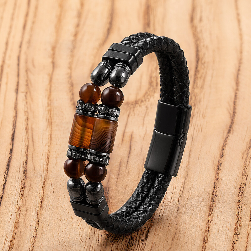 Tiesioginiai gamykliniai personalizuotų akmeninių papuošalų, dvigubo odinio dirželio ir nerūdijančio plieno apyrankės su magnetine sagtimi pardavimai.