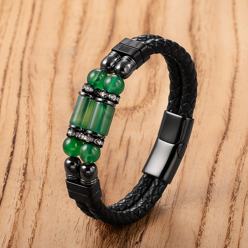 Tiesioginiai gamykliniai personalizuotų akmeninių papuošalų, dvigubo odinio dirželio ir nerūdijančio plieno apyrankės su magnetine sagtimi pardavimai.