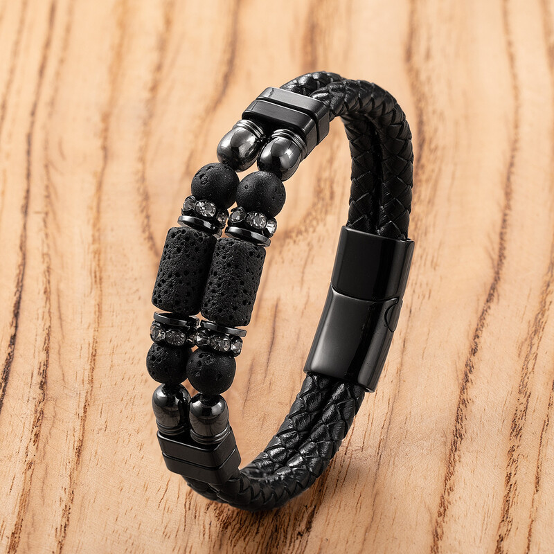 Tiesioginiai gamykliniai personalizuotų akmeninių papuošalų, dvigubo odinio dirželio ir nerūdijančio plieno apyrankės su magnetine sagtimi pardavimai.