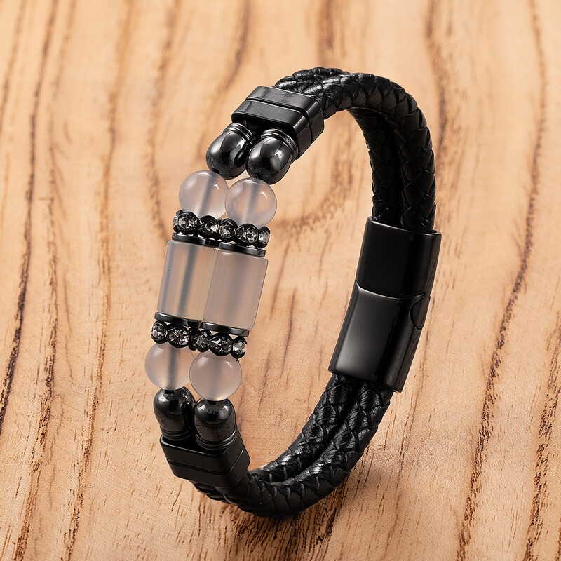 Tiesioginiai gamykliniai personalizuotų akmeninių papuošalų, dvigubo odinio dirželio ir nerūdijančio plieno apyrankės su magnetine sagtimi pardavimai.