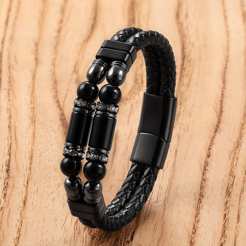 Tiesioginiai gamykliniai personalizuotų akmeninių papuošalų, dvigubo odinio dirželio ir nerūdijančio plieno apyrankės su magnetine sagtimi pardavimai.