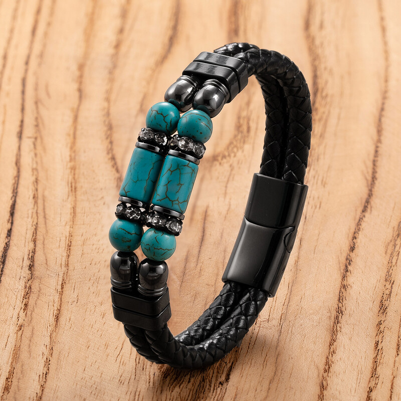 Tiesioginiai gamykliniai personalizuotų akmeninių papuošalų, dvigubo odinio dirželio ir nerūdijančio plieno apyrankės su magnetine sagtimi pardavimai.