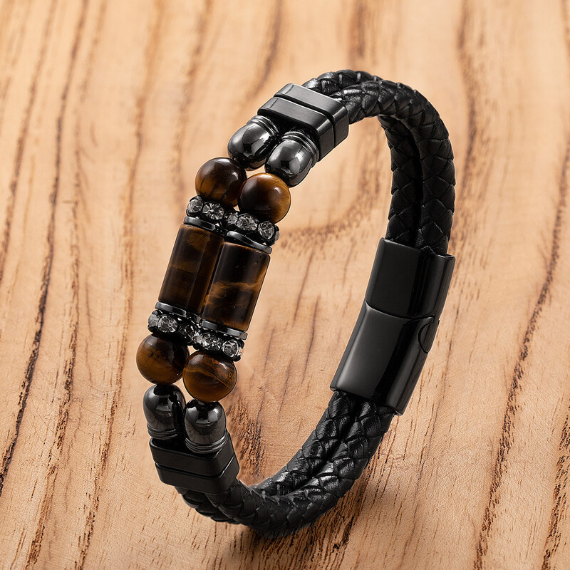 Tiesioginiai gamykliniai personalizuotų akmeninių papuošalų, dvigubo odinio dirželio ir nerūdijančio plieno apyrankės su magnetine sagtimi pardavimai.