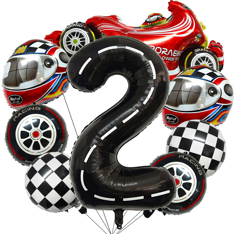 Нов комплект балони с алуминиево фолио за детски рожден ден, черно-бял, 2023 г., състезателна кола, 40 инча, дигитална каска