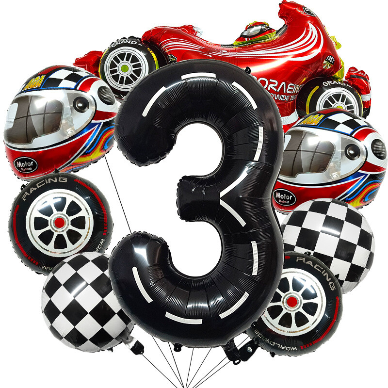 Нов комплект балони с алуминиево фолио за детски рожден ден, черно-бял, 2023 г., състезателна кола, 40 инча, дигитална каска