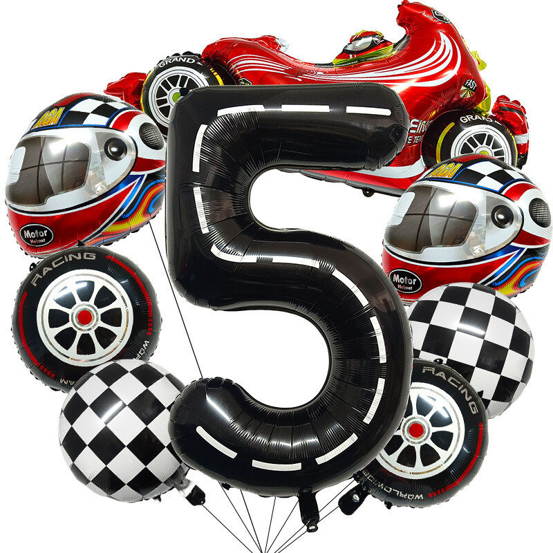 Нов комплект балони с алуминиево фолио за детски рожден ден, черно-бял, 2023 г., състезателна кола, 40 инча, дигитална каска