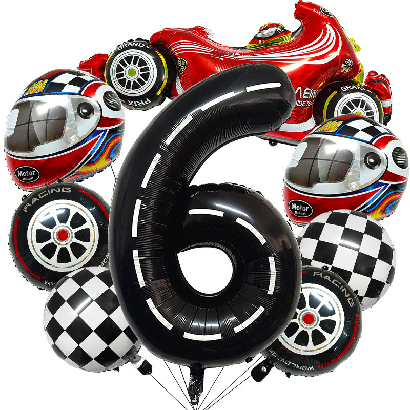 Нов комплект балони с алуминиево фолио за детски рожден ден, черно-бял, 2023 г., състезателна кола, 40 инча, дигитална каска