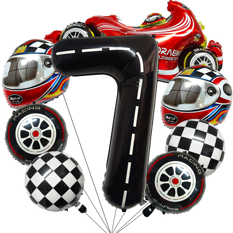 Нов комплект балони с алуминиево фолио за детски рожден ден, черно-бял, 2023 г., състезателна кола, 40 инча, дигитална каска