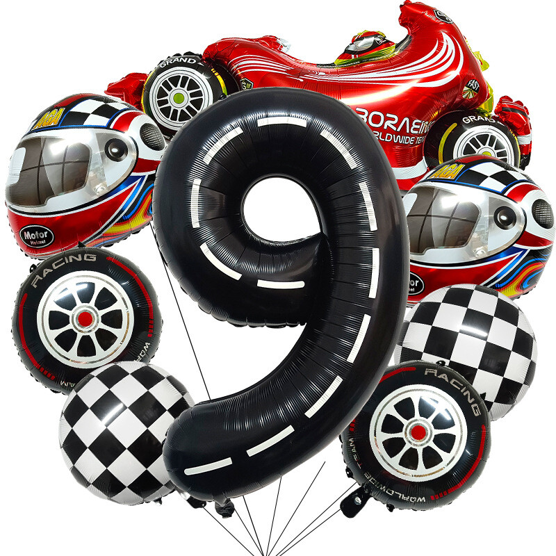 Нов комплект балони с алуминиево фолио за детски рожден ден, черно-бял, 2023 г., състезателна кола, 40 инча, дигитална каска