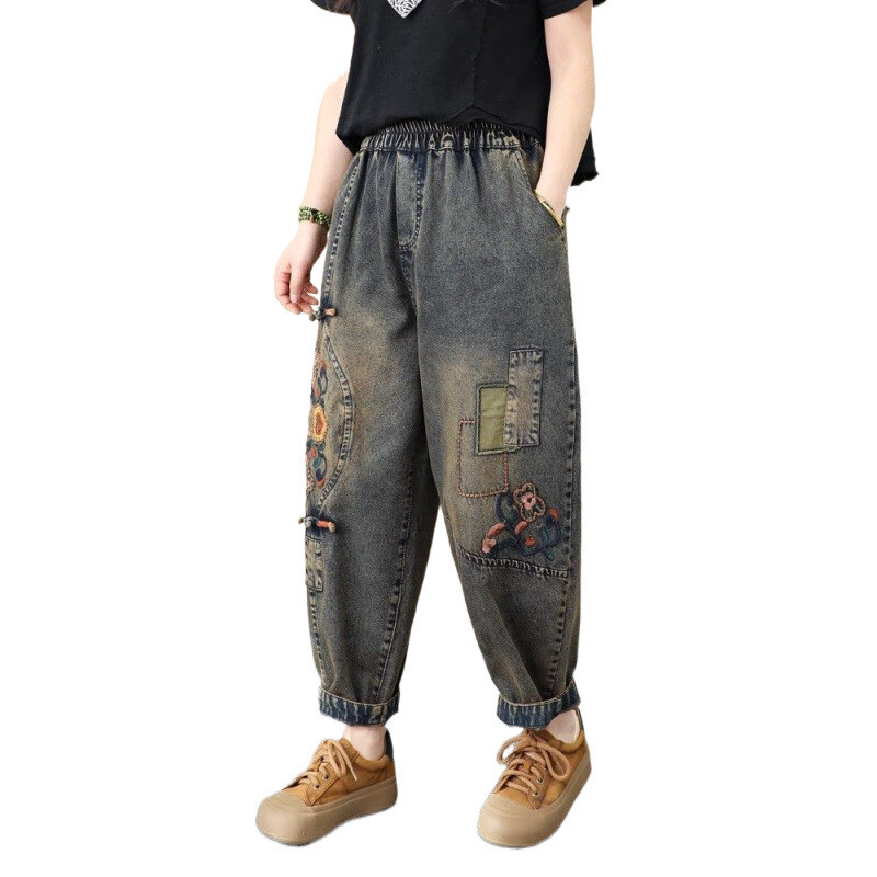 Художествени ретро цветни копчета бродерия 2025 Пролетни дънки Дамски широки големи бродирани деветточкови панталони