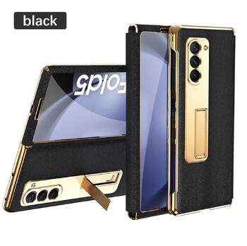 Подходящ за калъф за мобилен телефон Samsung zfold5, FOLD4, сгъваем кожен калъф, галванизирана скоба, еднокомпонентно пълно покритие, защитна обвивка против падане