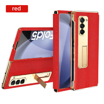 Подходящ за калъф за мобилен телефон Samsung zfold5, FOLD4, сгъваем кожен калъф, галванизирана скоба, еднокомпонентно пълно покритие, защитна обвивка против падане