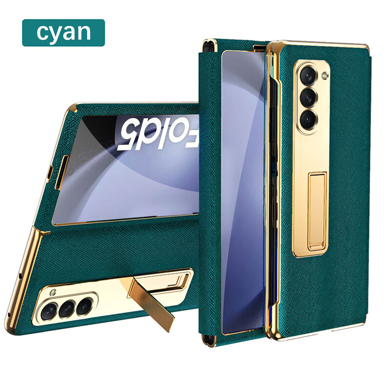 Подходящ за калъф за мобилен телефон Samsung zfold5, FOLD4, сгъваем кожен калъф, галванизирана скоба, еднокомпонентно пълно покритие, защитна обвивка против падане