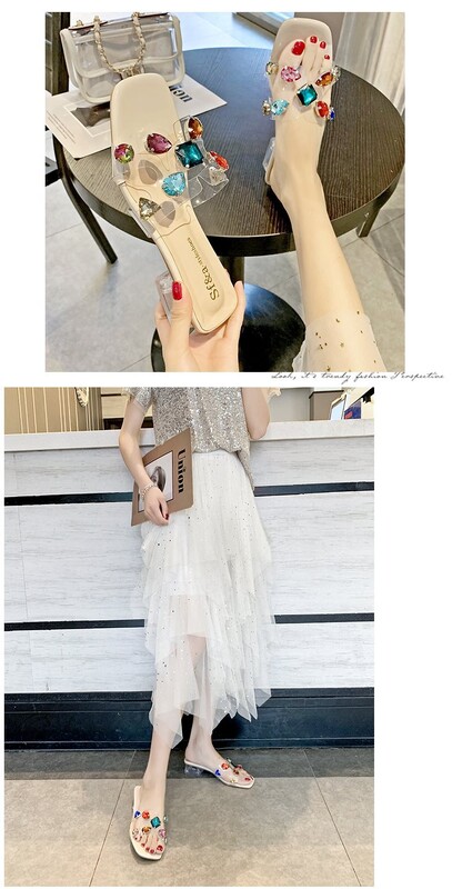 2025. gada vasara, jauns stils, zems papēdis ar kvadrātveida papēdi, caurspīdīgas kristāla papēža iešļūcenes, korejiešu sieviešu dimanta krāsas sandales, virsdrēbes, sieviešu čības