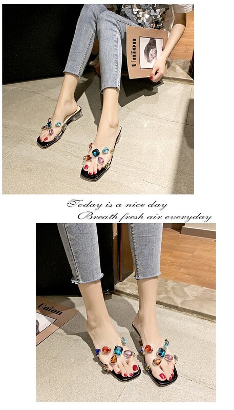 2025. gada vasara, jauns stils, zems papēdis ar kvadrātveida papēdi, caurspīdīgas kristāla papēža iešļūcenes, korejiešu sieviešu dimanta krāsas sandales, virsdrēbes, sieviešu čības