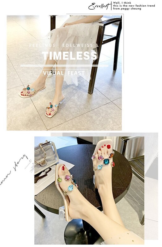 2025. gada vasara, jauns stils, zems papēdis ar kvadrātveida papēdi, caurspīdīgas kristāla papēža iešļūcenes, korejiešu sieviešu dimanta krāsas sandales, virsdrēbes, sieviešu čības