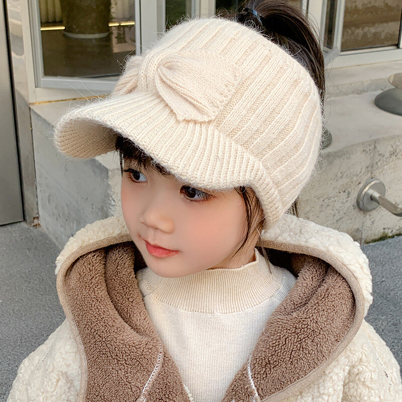 Детски шапки за момичета през есента и зимата, кухи вълнени шапки за момичета, универсални и сладки бебешки, удебелени и топли плетени шапки