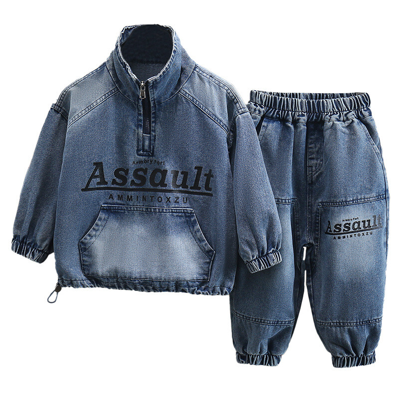 Τζιν κοστούμι με στάμπα για αγόρια 2024, στυλ άνοιξης και φθινοπώρου, μικρό και μεσαίο μέγεθος, αγόρια με διασημότητες στο διαδίκτυο, μοντέρνο casual κοστούμι δύο τεμαχίων, μοντέρνα ρούχα και παντελόνια