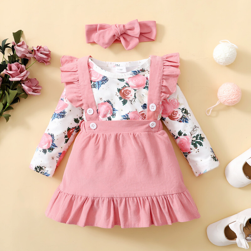 Пролетно-есенен комплект от три части за момичета, корейски стил, с горещ флорален принт и дълъг ръкав + едноцветна пола с тиранти