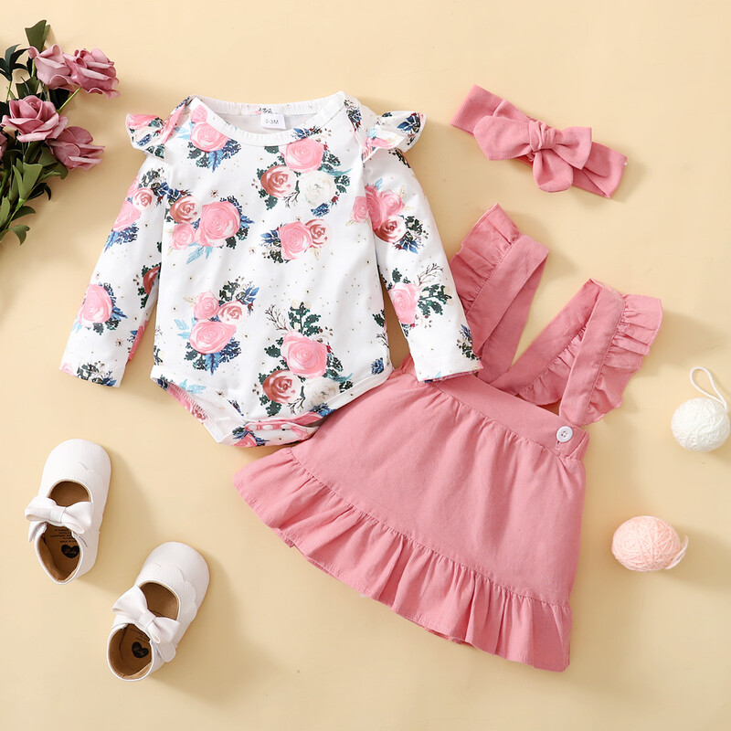 Пролетно-есенен комплект от три части за момичета, корейски стил, с горещ флорален принт и дълъг ръкав + едноцветна пола с тиранти