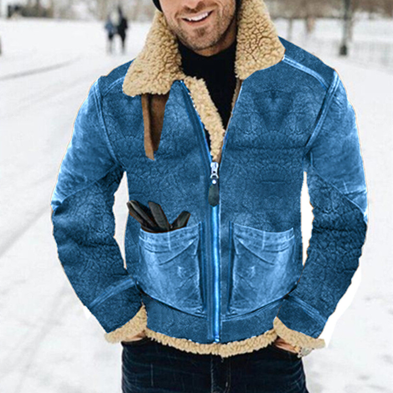 Европейско и американско мъжко яке от кожа, желано есенно и зимно удебелено щамповано палто от велур, топло агнешка кожа, многоцветен код