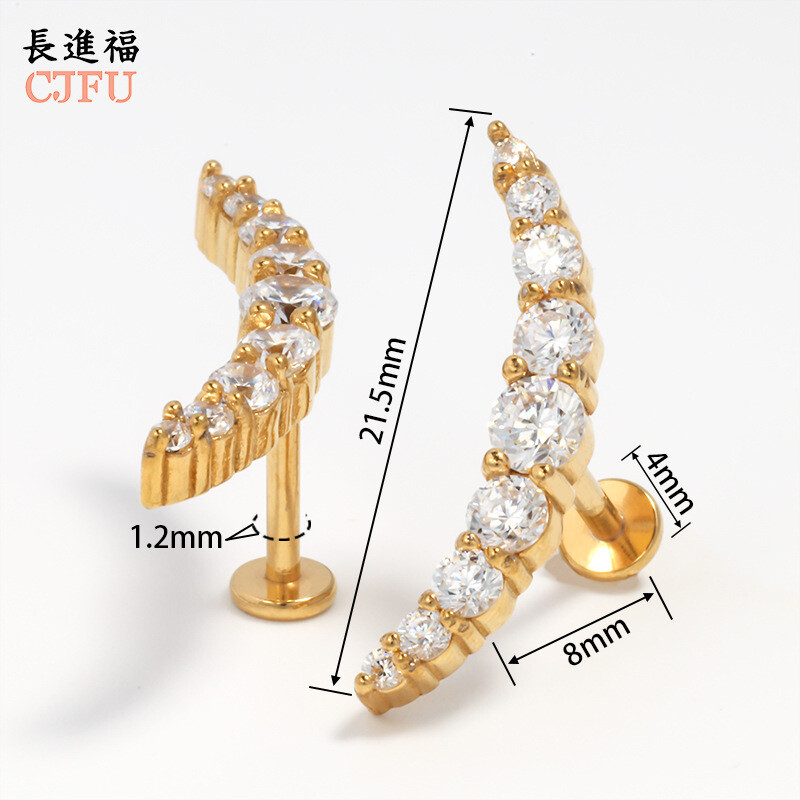 Европейски и американски модни циркониеви обеци, прости леки луксозни диамантени обеци от неръждаема стомана, ушни костички с форма на полумесец, темпераментни обеци за устни 