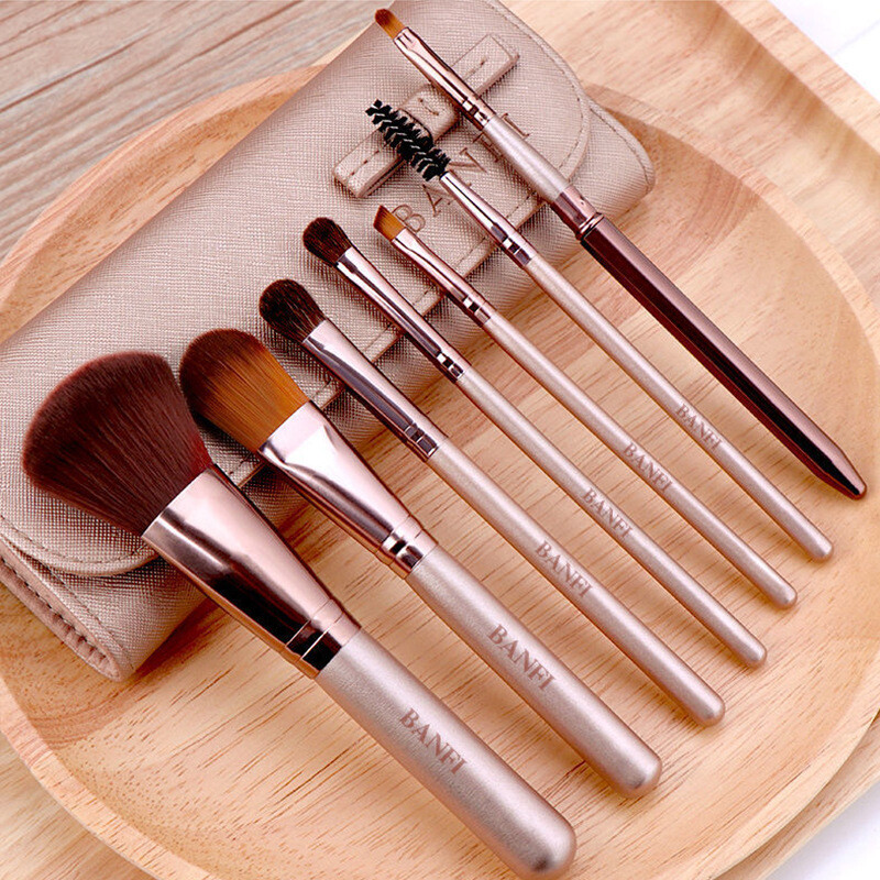 Σετ πινέλων μακιγιάζ, 7 τεμάχια, μπεζ πινέλο, πινέλο μακιγιάζ Pony Hair, σκιά ματιών, ρουζ, πούδρα, highlighter, contour, εργαλεία ομορφιάς