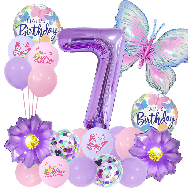 Naujas gradiento tematikos drugelio, violetinės saulėgrąžos, vaikų gimtadienio nuotraukų dekoracijų rinkinys su aliuminio balionais