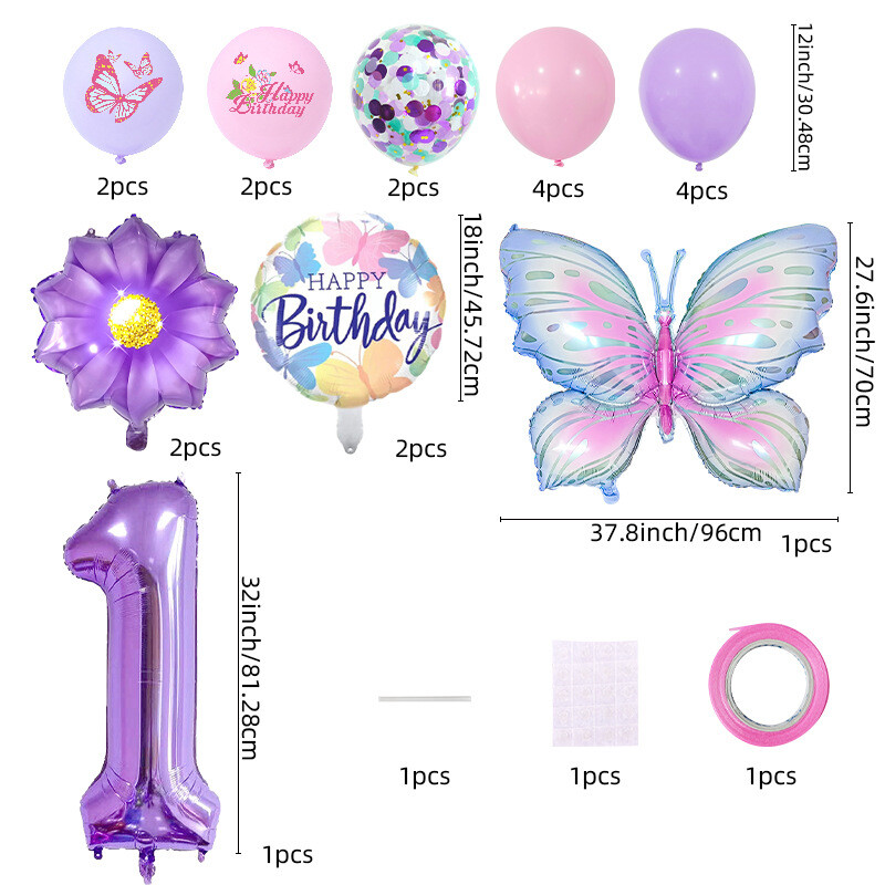 Naujas gradiento tematikos drugelio, violetinės saulėgrąžos, vaikų gimtadienio nuotraukų dekoracijų rinkinys su aliuminio balionais
