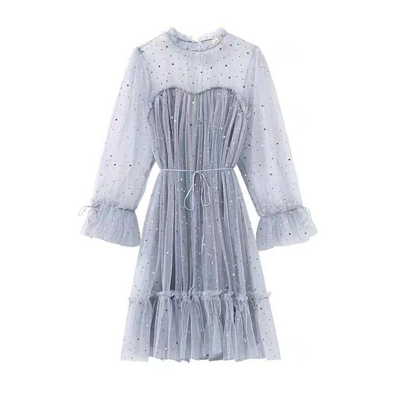 Интернет знаменитост в същия стил френска нежна фея рокля гореща златна брокат мрежеста дантела първа любов момиче рокля тенденция