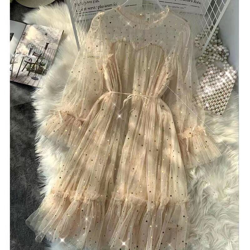 Интернет знаменитост в същия стил френска нежна фея рокля гореща златна брокат мрежеста дантела първа любов момиче рокля тенденция