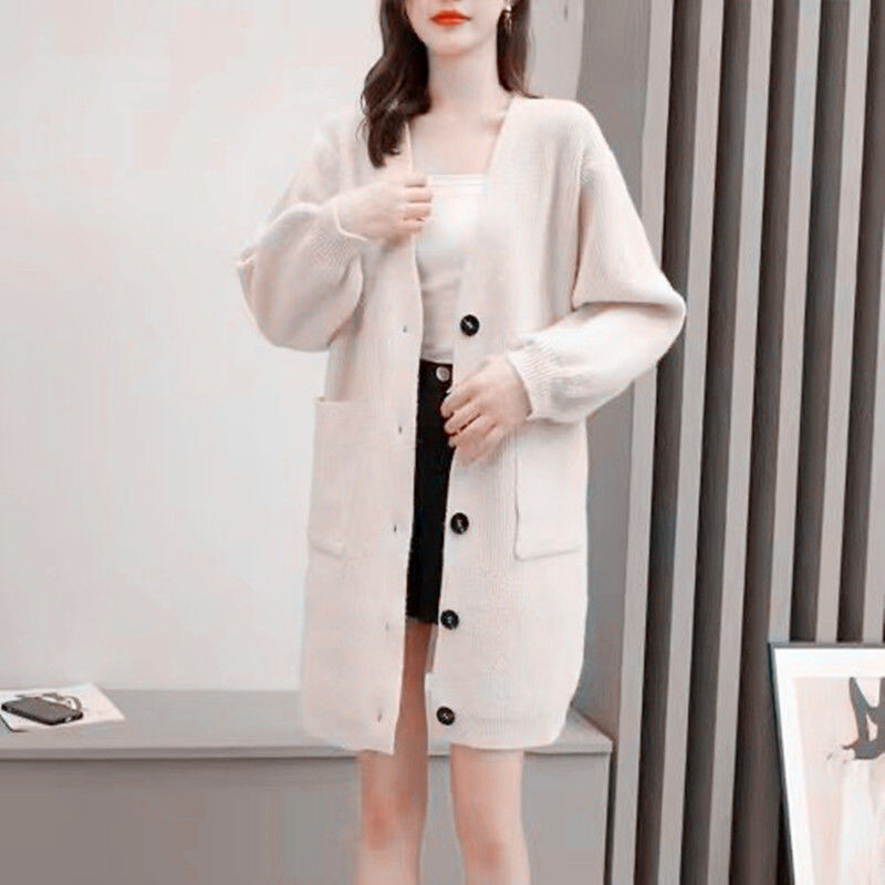 Pavasara-rudens vidēja garuma adīta jaka, sieviešu jaka 2023, jauna brīva, sabiezēta korejiešu stila adīta jaka