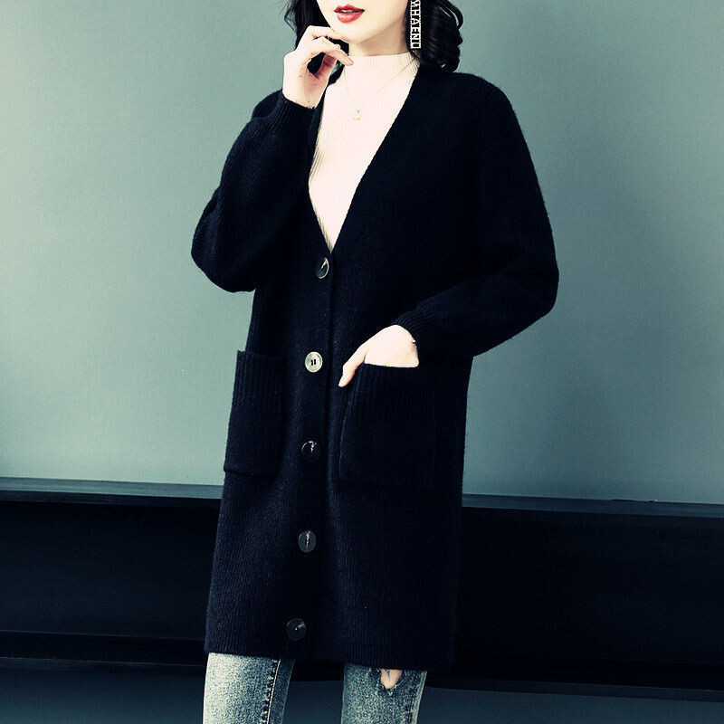 Pavasara-rudens vidēja garuma adīta jaka, sieviešu jaka 2023, jauna brīva, sabiezēta korejiešu stila adīta jaka