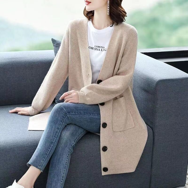 Pavasara-rudens vidēja garuma adīta jaka, sieviešu jaka 2023, jauna brīva, sabiezēta korejiešu stila adīta jaka