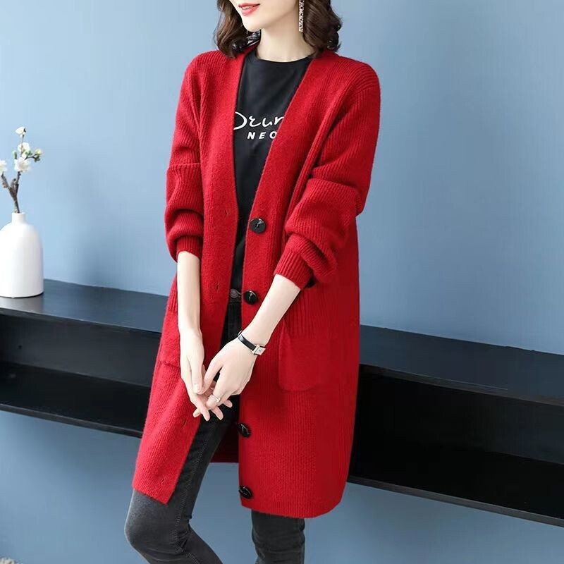 Pavasara-rudens vidēja garuma adīta jaka, sieviešu jaka 2023, jauna brīva, sabiezēta korejiešu stila adīta jaka