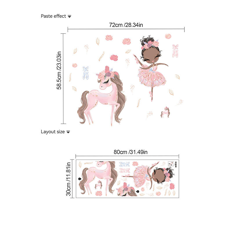 Lipnūs mieli dekoratyviniai sienų lipdukai su rožine gulbe, šokančia mergaite, gėle, vaikų kambariu, mielu animaciniu filmuku